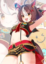 &gt;_o 1girl :d ;) animal_ears armpits arms_up black_shorts black_vest breasts brown_eyes brown_hair closed_mouth commentary_request crop_top cropped_vest gran_alegria_(umamusume) hair_between_eyes hair_intakes hair_ornament horse_ears horse_girl horse_tail koruri multicolored_hair multiple_views navel one_eye_closed open_mouth red_shirt shirt short_shorts shorts small_breasts smile stomach suspender_shorts suspenders tail twitter_username two-tone_hair umamusume vest watermark white_hair wrist_cuffs x_hair_ornament zoom_layer