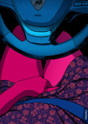 Rule 34 | 1girl, absurdres, artist name, clothes lift, commentary, dress, dress lift, female masturbation, female pov, floral print, highres, lifting own clothes, limited palette, lower body, masturbation, original, pachu m. torres, pov, seatbelt, solo, steering wheel