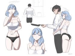 1boy 1girl absurdres ako_(blue_archive) alternate_costume bare_arms bare_shoulders black_eyes black_hair black_panties black_pants blue_archive blue_eyes blue_hair breasts chojja cleavage closed_mouth cooking covering_own_mouth hair_between_eyes halo highres holding_pan hug hug_from_behind large_breasts long_hair looking_back multiple_views no_pants panties pants sensei_(blue_archive) short_hair sidelocks tank_top underwear white_tank_top yawning