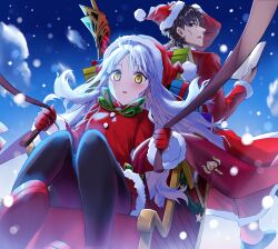 1boy 1girl :o black_pantyhose blush book brown_eyes brown_hair buttons caren_hortensia christmas cloud commentary_request commission dress ea_(fate) fate/hollow_ataraxia fate/stay_night fate_(series) father_and_daughter floating_hair fur-trimmed_dress fur-trimmed_headwear fur-trimmed_jacket fur-trimmed_sleeves fur_trim gloves green_ribbon hat holding holding_book jacket kotomine_kirei long_hair long_sleeves neck_ribbon open_book pantyhose pixiv_commission profile red_dress red_footwear red_gloves red_headwear red_jacket ribbon santa_costume santa_hat shoes short_hair sitting sled snow snowing tarunyan white_hair yellow_eyes