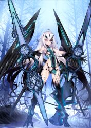 1girl ahoge animal_feet animal_hands black_hair black_panties black_skin black_tail black_wings breast_curtain breasts choco_(chocolate_shop) claws colored_extremities colored_skin demon_tail dragon_girl dragon_wings fate/grand_order fate_(series) floating_hair full_body game_cg gluteal_fold gradient_hair huge_weapon large_variant_set legs_apart long_breast_curtain long_hair looking_at_viewer lowleg lowleg_panties melusine_(fate) melusine_(third_ascension)_(fate) multicolored_hair official_art outstretched_arms outstretched_hand panties parted_lips revealing_clothes sideless_outfit sidelocks small_breasts solo standing tail third-party_source underboob underwear variant_set very_long_hair weapon white_hair wings yellow_eyes