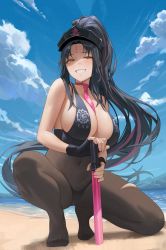 1girl beach bikini black_bikini blush breasts cloud facial_mark fate/grand_order fate_(series) forehead_mark halterneck hill hinaki_(hinaki_0102) long_hair multicolored_hair navel necktie ocean pantyhose sessyoin_kiara sessyoin_kiara_(swimsuit_mooncancer) sky smile solo spread_legs squatting swimsuit two-tone_hair yellow_eyes