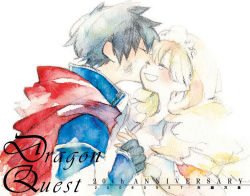00s 1980s_(style) 1boy 1girl 2006 anniversary armor black_hair blonde_hair cape chunsoft closed_eyes copyright_name couple dated dragon_quest dragon_quest_i gloves happy hero_(dq1) hetero holding_hands jewelry kiss long_hair migii_(tenra_banshou) oldschool princess_laura smile tears tiara