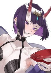 1girl alcohol armpits blush bob_cut breasts bright_pupils clenched_teeth colored_inner_hair cup eyeliner fang fate/grand_order fate_(series) haishima_xv headpiece highres holding holding_cup horns japanese_clothes kimono looking_at_viewer makeup multicolored_hair oni open_clothes open_kimono purple_eyes purple_hair purple_kimono revealing_clothes sakazuki sake short_eyebrows short_hair shuten_douji_(fate) simple_background skin-covered_horns small_breasts solo splashing teeth upper_body white_background white_pupils