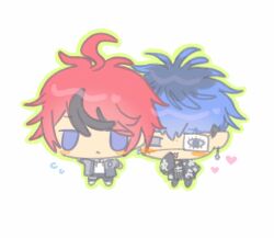 ahoge black_hair blue_eyes blue_hair blush bridge_piercing chibi chibi_only closed_mouth ear_piercing earrings eyepatch face_piercing full_body green_outline hand_up heart japanese_clothes jewelry messy_hair multicolored_hair omokage_yugamu one_eye_closed open_mouth outline piercing red_hair simple_background standing sumino_takumi the_hundred_line_-last_defense_academy- white_background