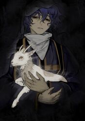 1boy animal black_coat blue_hair chinese_commentary coat commentary_request dark_blue_hair goat gold_trim hair_between_eyes highres holding holding_animal long_sleeves male_focus orange_eyes saibou_shinkyoku shirt short_hair solo stole upper_body utsugi_noriyuki veil white_shirt wide_sleeves xiaogouwang1015 yellow_pupils
