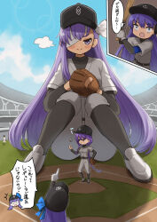 3girls absurdres ball bandage_over_one_eye baseball_(object) baseball_bat baseball_field baseball_glove baseball_uniform bb_(fate) blue_sky blush braid fate/grail_league fate/grand_order fate_(series) giant giantess grey_shoes highres holding holding_baseball_bat kingprotea_(fate) long_hair long_sleeves meltryllis_(fate) multiple_girls outdoors pointing pointing_at_another purple_eyes purple_hair sahara1127 shoes sitting sky smile smug speech_bubble sportswear surprised thought_bubble translation_request very_long_hair whistling