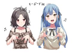 Rule 34 | 2girls, bang dream!, bang dream! it&#039;s mygo!!!!!, black ribbon, blue hair, blush, brown shirt, character name, closed mouth, commentary, ebizuka tomo, genre connection, girls band cry, grey hair, hair ribbon, hairband, highres, instrument connection, kikugawa roku, long hair, long sleeves, multiple girls, musical note, neck ribbon, off-shoulder shirt, off shoulder, open mouth, plaid clothes, plaid shirt, red eyes, ribbon, shirt, short hair, simple background, teeth, togawa sakiko, translated, upper teeth only, white background, white hairband