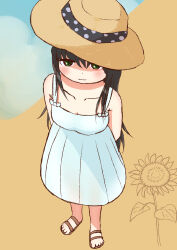 1girl :3 arms_behind_back beach black_hair blue_bow blue_dress blush bow breasts brown_hat brown_sandals cleavage collarbone dress flower green_eyes hat long_hair looking_at_viewer ocean original polka_dot polka_dot_headwear sand sandals sleeveless sleeveless_dress small_breasts smile standing straw_hat sun_hat tenran_(77608006) water