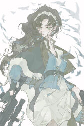 Rule 34 | 1girl, absurdres, black cape, black gloves, black hair, blue shirt, cape, cowboy shot, gloves, green eyes, gun, h2 (xinjinjumin979826624648), hair ornament, highres, holding, holding gun, holding weapon, long hair, looking to the side, moldir (reverse:1999), pale color, reverse:1999, rifle, shirt, simple bird, single glove, skirt, solo, wavy hair, weapon, white background, white skirt