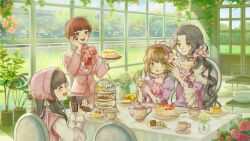 4girls ^_^ blunt_bangs blush brown_hair cake camera cardcaptor_sakura chinese_commentary closed_eyes commentary_request daidouji_sonomi daidouji_tomoyo food frilled_sleeves frills green_eyes green_theme grey_hair hair_intakes highres holding holding_camera indoors jacket kero_(cardcaptor_sakura) kinomoto_nadeshiko kinomoto_sakura mother_and_daughter multiple_girls pink_jacket pudding short_hair sitting strawberry_shortcake wei_bear