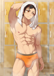 1boy abs absurdres arm_behind_head armpits artist_request bara bench black_hair bulge ensemble_stars! highres kogatetora locker locker_room looking_to_the_side male_focus male_underwear multicolored_hair muscular muscular_male nagumo_tetora navel nipples orange_eyes orange_male_underwear pectorals red_hair short_hair steam streaked_hair topless_male towel towel_on_head two-tone_hair underwear underwear_only