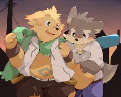 2boys bara belt brown_belt brown_pants closed_mouth cu_sith_(housamo) dog_boy drawstring dusk fang furry furry_male green_scarf jacket kinoko3331 male_focus moritaka_(housamo) multiple_boys navel open_clothes open_jacket outdoors pants scar scar_on_face scarf shirt tokyo_houkago_summoners white_shirt wristband