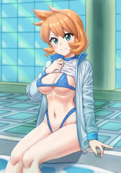 1girl bikini bikini_under_clothes blue_bikini blush breasts cleavage closed_mouth clothes_lift collarbone competition_swimsuit els female_focus green_eyes gym_leader hand_up highleg highres indoors jacket knees large_breasts legs legs_together lifting_own_clothes long_sleeves looking_at_viewer medium_hair misty_(pokemon) navel nintendo nipples one-piece_swimsuit open_clothes open_jacket orange_hair pokemon pokemon_gsc pokemon_hgss pool poolside shirt shirt_lift short_hair sitting smile solo sportswear stomach swimsuit swimsuit_under_clothes thick_thighs thighs tile_floor tiles track_jacket water