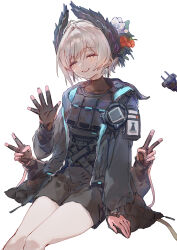 1girl :d ^_^ absurdres arknights black_jacket black_shorts chinese_commentary closed_eyes commentary_request cowboy_shot double_v earrings electric_plug extra_arms facing_viewer grey_hair happy highres invisible_chair jacket jewelry open_clothes open_jacket open_mouth raidian_(arknights) sao7 short_hair shorts simple_background sitting smile solo v waving white_background