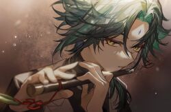 1boy black_hair black_shirt dizi eyeshadow facial_mark flute forehead_mark genshin_impact green_hair hair_between_eyes highres holding holding_instrument instrument long_sleeves looking_at_viewer makeup male_focus multicolored_hair official_alternate_costume red_eyeshadow shirt signature simple_background solo transverse_flute upper_body vest white_vest xiao_(genshin_impact) yellow_eyes zaso