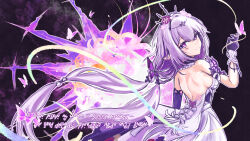 1girl absurdres back backless_dress backless_outfit black_tiara breasts bug butterfly butterfly_on_hand castorice_(honkai:_star_rail) commentary_request dress gloves highres honkai:_star_rail honkai_(series) insect long_hair looking_at_viewer medium_breasts okanda pointy_ears purple_eyes purple_gloves purple_hair sideboob solo tiara very_long_hair white_dress