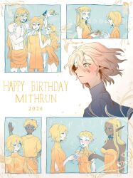 3boys 4girls :d absurdres arm_tattoo bags_under_eyes bare_shoulders birthday black_eyes blonde_hair blue_eyes blush braid cake cake_slice character_name chest_tattoo choker cithis cloak dark-skinned_female dark-skinned_male dark_elf dark_skin dress dungeon_meshi elf english_text facial_mark feeding fleki food forehead_mark fork gift gorget green_eyes grey_hair hair_around_ear happy happy_birthday happy_tears hat highres holding holding_fork holding_gift hood hooded_cloak jewelry kabru lazy_eye long_hair long_sleeves low_twintails lycion medium_hair mithrun multiple_boys multiple_girls notched_ear open_mouth otta_(dungeon_meshi) pachix2_corgi party_hat pattadol pointy_ears purple_eyes shirt short_hair smile strapless strapless_dress tattoo tearing_up tears topless_male tunic twintails uneven_eyes very_short_hair yellow_eyes