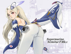 1girl aircraft airplane ass blonde_hair female_focus head_wings janome_gochou jet mecha mecha_musume military original pointy_ears red_eyes robot scimitar solo supermarine supermarine_scimitar sword tail weapon wings