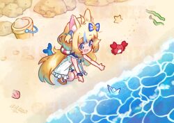 Rule 34 | 1girl, animal ears, beach, blonde hair, blue bow, blue eyes, blue hair, bow, cat ears, commentary, crab, dress, elmi hikaribi, english commentary, fins, fish girl, fish tail, hair bow, indie virtual youtuber, long hair, low twintails, multicolored hair, ocean, one side up, open mouth, paper boat, sameko saba, seashell, shell, solo, squatting, tail, twintails, two-tone hair, very long hair, white dress