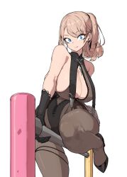 1girl :q areola_slip bare_shoulders black_gloves black_shoes blonde_hair blue_eyes bodystocking breasts cleavage covered_erect_nipples earrings gloves happening18 high_heels highres jewelry large_breasts leotard long_hair looking_at_viewer mole mole_under_eye necklace original ponytail shoes simple_background smile solo tongue tongue_out white_background