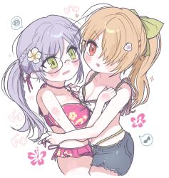 Rule 34 | 2girls, bikini, blonde hair, breast press, breasts, cleavage, collarbone, glasses, green eyes, grey hair, hair ornament, hair over one eye, hair over shoulder, hairclip, heaven burns red, highres, hug, izumi yuki (heaven burns red), kayamonri, kayamori ruka, long hair, multiple girls, red bikini, red eyes, round eyewear, short hair, swimsuit, symmetrical docking, white background, yuri