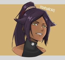 Rule 34 | 1girl, absurdres, bleach, bleach: sennen kessen-hen, collarbone, dark-skinned female, dark skin, female focus, hair ornament, highres, light blush, long hair, mask abc, parted bangs, ponytail, purple hair, shihouin yoruichi, simple background, teeth, yellow eyes
