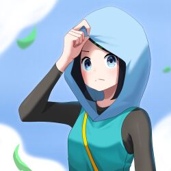 1girl arm_up black_hair black_shirt blue_eyes closed_mouth commentary day falling_leaves highres hood hood_up hooded_vest hoodie leaf liko_(pokemon) medium_hair nintendo outdoors pokemon pokemon_(anime) pokemon_horizons shirt sky solo strap upper_body user_hyhd3258 vest