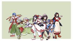 Rule 34 | 1boy, 5girls, ainu clothes, alternate costume, archery, arm under breasts, black hair, blue eyes, blue hair, boots, breasts, brown eyes, brown hair, crossed arms, fingerless gloves, gloves, hair ribbon, hand on own hip, hands on own hips, legs, long hair, manari, medium breasts, multiple girls, nakoruru, nakoruru ano hito kara no okurimono, rashoujin mizuki, red eyes, rera, ribbon, rimururu, samurai spirits, short hair, shorts, siblings, sideboob, sisters, snk, sword, thighs, weapon, yantamu