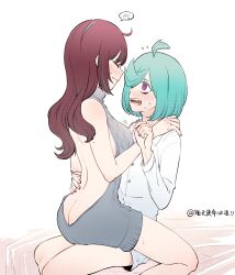 Rule 34 | 2girls, @ @, akoya matama, anemo nemo, backless outfit, blue hair, breasts, brown hair, chinese commentary, closed eyes, closed mouth, commentary request, flying sweatdrops, grey sweater, hair over one eye, hand on another&#039;s shoulder, hand on another&#039;s waist, highres, large breasts, long sleeves, mahou shoujo ni akogarete, meme attire, multicolored hair, multiple girls, neng tian shiming bida!!, open mouth, purple eyes, sharp teeth, shirt, simple background, spoken blush, streaked hair, sweat, sweater, teeth, translation request, virgin killer sweater, white background, white shirt, yuri