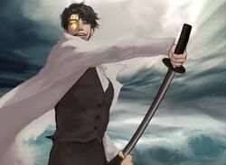 1boy black_eyes black_hair black_vest cloud cloudy_sky coat collared_shirt crazy_grin curtained_hair glowing glowing_eye grin heterochromia holding holding_sword holding_weapon looking_at_viewer macaronijail male_focus omniscient_reader&#039;s_viewpoint sheath shirt short_hair sky smile solo sparkle sword teeth unsheathing upper_body upper_teeth_only vest weapon white_coat white_shirt yellow_eyes yoo_joonghyuk