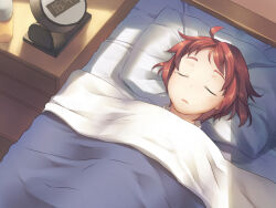 1girl alarm_clock artist_request blanket clock game_cg green_eyes katawa_shoujo lying non-web_source official_art on_back on_bed open_mouth pillow red_hair short_hair solo tezuka_rin under_covers