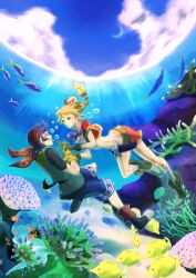 1boy 1girl animal black_gloves blue_eyes blue_hair blue_sky chrono_cross cloud commentary_request coral day facial_mark fish gloves highres holding_hands kid_(chrono_cross) long_hair looking_at_another ocean ponytail profile red_skirt satori_ill serge_(chrono_cross) skirt sky smile underwater water yellow_gloves