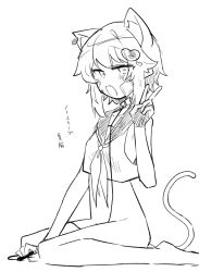 1girl :d animal_ear_fluff animal_ears bandaid bandaid_on_cheek bandaid_on_face barefoot between_legs blush bottomless bruise bruise_on_face cat_ears cat_girl cat_tail crop_top earrings fang fingerless_gloves gloves greyscale hair_ornament hand_between_legs hand_up heart heart_hair_ornament injury jewelry ki_no_nekko looking_at_viewer monochrome neckerchief open_mouth original sailor_collar shirt short_hair simple_background sitting sketch skin_fang sleeveless sleeveless_shirt smile solo tail v wariza white_background