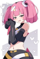 Rule 34 | 1girl, :d, bandaid, bandaid hair ornament, black eyes, black hair, blush, coral (pokemon), crop top, detached sleeves, fang, hair ornament, heart, highres, long sleeves, looking at viewer, midriff, multicolored hair, navel, nintendo, open mouth, pink hair, piyo to game, pokemon, pokemon (anime), pokemon horizons, sleeves past fingers, sleeves past wrists, smile, solo, twintails, two-tone hair