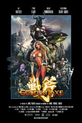 2girls absolutely_everyone absurdres amazon_warrior armor ax_battler axe barbarian battle beard bird blonde_hair brown_hair castle chilli49shorty commentary cover daniel_oduber daniel_oduber_(style) death-adder dragon dwarf eagle electricity english_commentary everyone facial_hair facial_tattoo fake_cover fantasy gameplay_mechanics gilius_thunderhead glowing glowing_eyes goblin golden_axe helmet highres horns knight long_hair magic manly monster movie_poster multiple_boys multiple_girls muscular poster_(medium) realistic riding sega shield signature skeleton sword tattoo thunder toned tyris_flare video_game warrior watermark weapon web_address