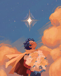 1boy blush boku_no_hero_academia bouquet flower golden_hour green_hair highres holding holding_bouquet midoriya_izuku novaneondream sky smile solo star_(sky)
