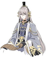 Rule 34 | 1boy, :|, aged up, bamboo slips, black choker, black gloves, black sash, blue eyes, blue robe, candied ginkgo nut (the tale of food), chinese clothes, choker, closed mouth, coat, cropped torso, expressionless, ginkgo leaf, gloves, grey coat, grey hair, hair between eyes, hair ornament, halterneck, hanfu, holding, holding scroll, leaf, leaf hair ornament, long hair, long sleeves, looking at viewer, male focus, mole, mole under eye, robe, ruru (lulubuu), sash, scroll, simple background, solo, tassel, the tale of food, very long hair, white background, wide sleeves, xiao guan (headdress)