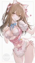 1girl absurdres adversarial_noise animal_ears apron blush bra breasts brown_eyes brown_hair cat_ears commentary_request corset frilled_apron frills girls&#039;_frontline girls&#039;_frontline_2:_exilium hair_between_eyes hair_intakes highres k2_(girls&#039;_frontline) long_hair looking_at_viewer maid_apron medium_breasts miniapron navel open_mouth outside_border panties pink_corset renoahh short_apron shrug_(clothing) side-tie_panties simple_background smile solo underwear waist_apron white_apron white_bra white_shrug white_wrist_cuffs wrist_cuffs yoohee_(girls&#039;_frontline_2) yoohee_(miracle_sweetheart)_(girls&#039;_frontline_2)