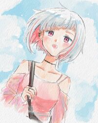Rule 34 | 1girl, :d, bag, blush, colored inner hair, commentary, diagonal bangs, grey hair, highres, holding strap, link! like! love live!, looking at viewer, love live!, multi-strapped shirt, multicolored hair, off-shoulder shirt, off shoulder, open mouth, pink eyes, pink shirt, red hair, see-through clothes, see-through sleeves, shirt, short hair, shoulder bag, smile, solo, spaghetti strap, streaked hair, upper body, virtual youtuber, white (waterwhite), yugiri tsuzuri