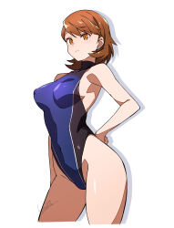1girl batta_16-sei blue_one-piece_swimsuit breasts brown_eyes brown_hair commentary_request competition_swimsuit covered_navel cowboy_shot hand_on_own_hip highleg highleg_one-piece_swimsuit highres medium_breasts one-piece_swimsuit persona persona_3 short_hair simple_background solo standing swimsuit takeba_yukari turtleneck turtleneck_one-piece_swimsuit white_background