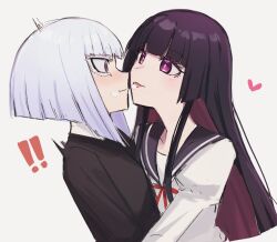 Rule 34 | !, !!, 2girls, aoki shizumi, black hair, black shirt, blush, colored inner hair, commentary, food, food on face, grey background, highres, juliet sleeves, kurogane otoha, long sleeves, multicolored hair, multiple girls, puffy sleeves, purple eyes, purple hair, rock wa lady no tashinami deshite, school uniform, serafuku, shiraya tamaki, shirt, simple background, symbol-only commentary, thick eyelashes, upper body, white background, white shirt, yuri