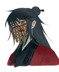 Rule 34 | 1boy, bags under eyes, black hair, black hanfu, blood on mask, chinese clothes, chinese commentary, coat, coin, coin mask, covered mouth, dao gui yi xian, earrings, hair between eyes, hair bun, hair ornament, hair stick, hanfu, highres, holed coin, jewelry, li huowang, long hair, looking at viewer, male focus, mask, mouth veil, portrait, red coat, red eyes, simple background, single hair bun, solo, tushanlili, upper body, veil, white background