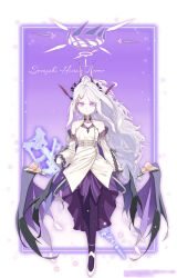 1girl absurdres ahoge alternate_costume alternate_hairstyle black_halo blue_archive breasts character_name demon_girl demon_horns demon_wings dress eevee_chan full_body gun halo highres hina_(blue_archive) horns long_hair looking_at_viewer machine_gun mg42 purple_eyes small_breasts solo standing weapon white_hair wings