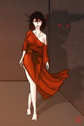 absurdres bare_legs bare_shoulders barefoot black_hair brick_wall corruption cosplay crossover dana_barret dana_barret_(cosplay) demon dress evil_smile ghostbusters glowing glowing_eyes highres kharisputra kill_la_kill looking_at_viewer matoi_ryuuko orange_dress possessed possession red_eyes robe sash shadow short_hair signature smile walking wall warrior31992 zuul