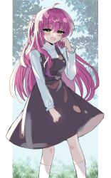 1girl :d ahoge black_bow black_dress blush_stickers bow commentary_request dappled_sunlight day dress dress_bow eshiko eyes_visible_through_hair feet_out_of_frame futaki_kanata hair_between_eyes hair_bobbles hair_ornament half-closed_eyes half_updo highres little_busters! long_hair long_sleeves looking_at_viewer open_mouth outdoors pinafore_dress pink_hair ponytail shirt short_ponytail sketch sleeveless sleeveless_dress smile solo standing sunlight turtleneck very_long_hair white_shirt yellow_eyes