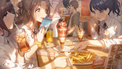 asakura_toru black_hair eating food french_fries fukumaru_koito gradient_hair highres higuchi_madoka ichikawa_hinana idolmaster idolmaster_shiny_colors idolmaster_shiny_colors_song_for_prism long_hair multicolored_hair multiple_girls noctchill_(idolmaster) official_art red_hair restaurant waitress
