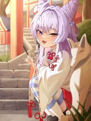 1girl ahoge bike_shorts blue_eyes cone_hair_bun daraamji2 fangs hair_bun hair_ornament hair_rings heterochromia highres kosode looking_at_viewer open_mouth pom_pom_(clothes) pom_pom_hair_ornament purple_hair socks_over_thighhighs stellive tenko_shibuki virtual_youtuber yellow_eyes