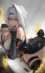 1girl absurdres ahoge bird black_bird black_gloves black_shorts breasts cleavage commentary fingerless_gloves gloves hair_ornament high-waist_shorts highres hip_vent jacket large_breasts long_hair looking_at_viewer lying m3ru on_side open_mouth shorts solo talisman thighhighs thighs very_long_hair white_hair yellow_eyes yellow_jacket yi_xuan_(zenless_zone_zero) zenless_zone_zero