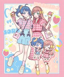 2girls :d ahoge alternate_costume bag blue_eyes blue_hair blue_skirt bow braid brown_hair character_name closed_mouth crown_braid dress earrings floating_hair food green_eyes hair_bow handbag high_side_ponytail hirogaru_sky!_precure holding holding_food ice_cream jewelry long_hair miniskirt multiple_girls nijigaoka_mashiro open_mouth pink_dress pink_shirt pink_socks plaid_clothes plaid_dress plaid_shirt precure shirt shoes short_sleeves skirt smile sneakers socks sora_harewataru standing touka_moru04 white_footwear yellow_bow yellow_shoes